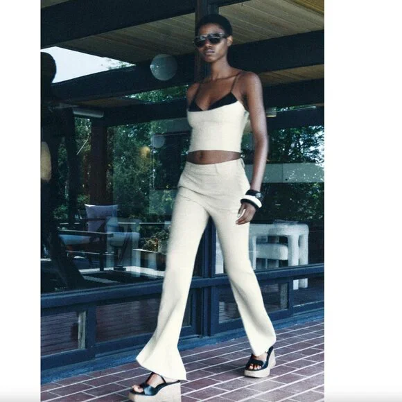 BLOGGER'S FAVE! Zara 2 Piece Flared Pants And Matching Tank Top Set Khaki NWT - Picture 9 of 14